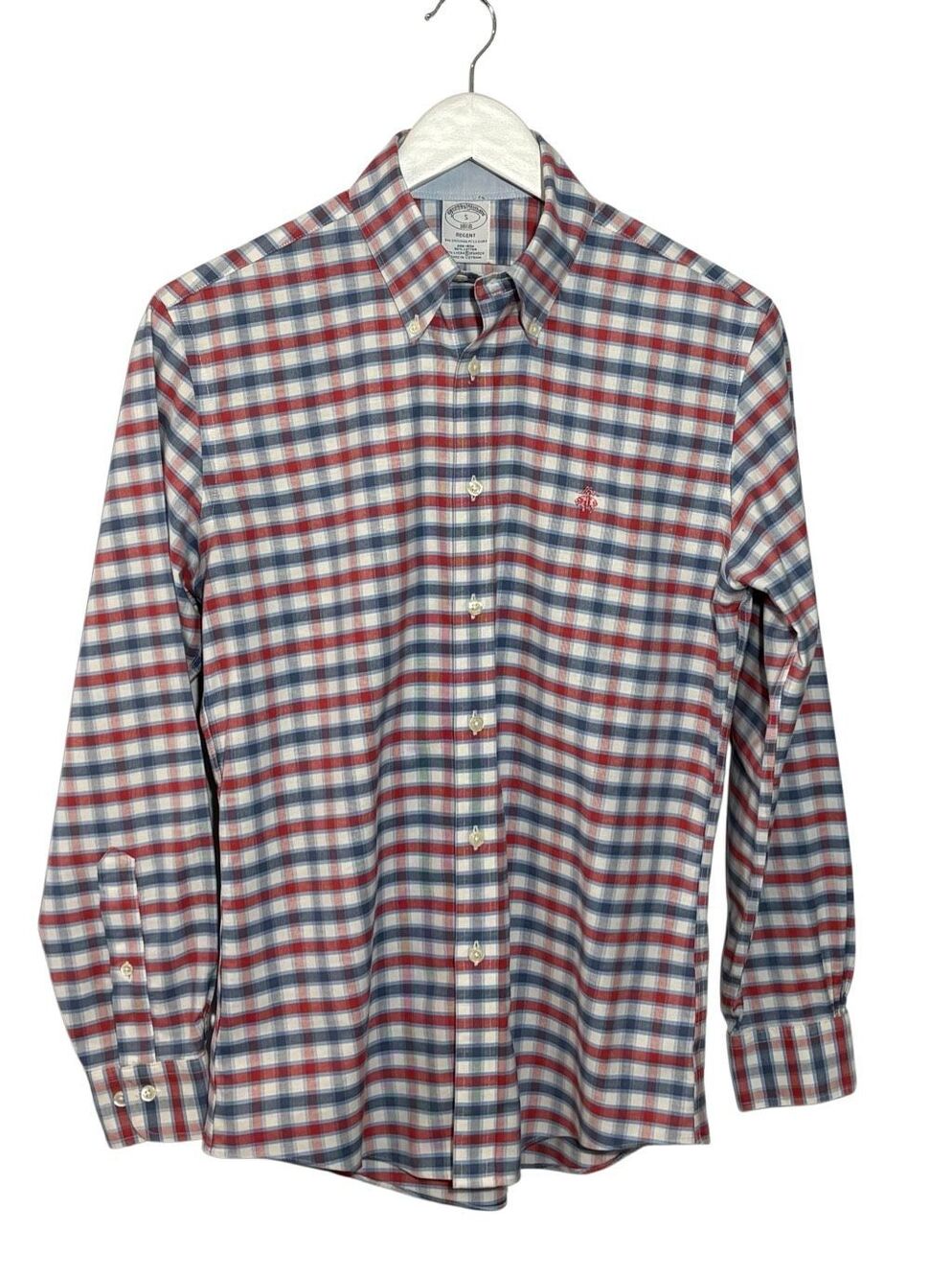 Brooks Brothers Regent Non-iron red white and blue plaid cotton button down shir